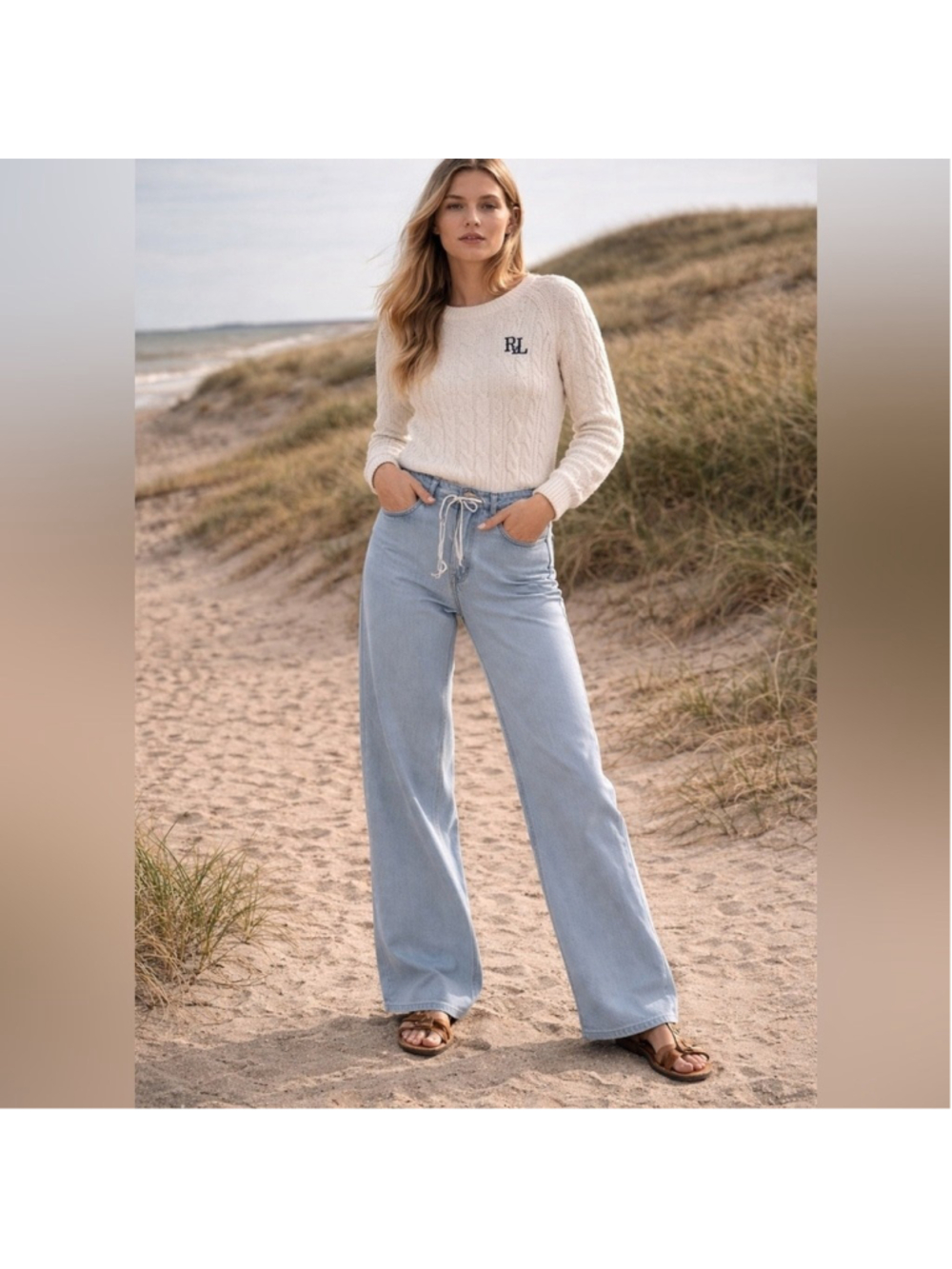 Flamingals drawstring stretchy wide leg denim jeans woman’s size S FL5-213 - Picture 1 of 6